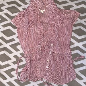 Pink and white colored button up blouse